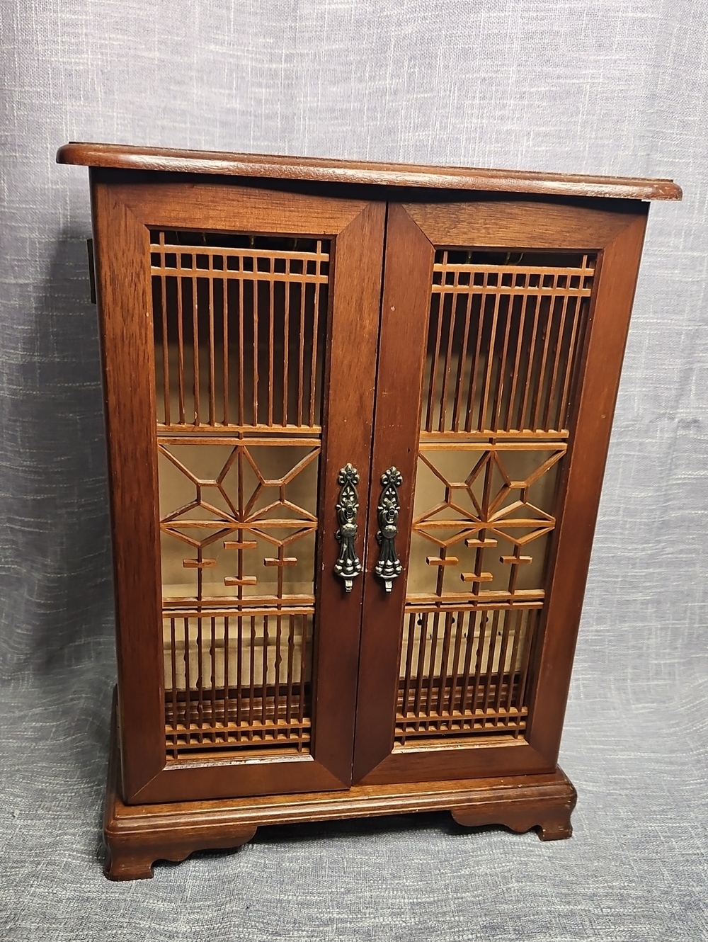 Vintage Wood Tabletop Jewelry Armoire Cabinet Lattice Fretwork Doors